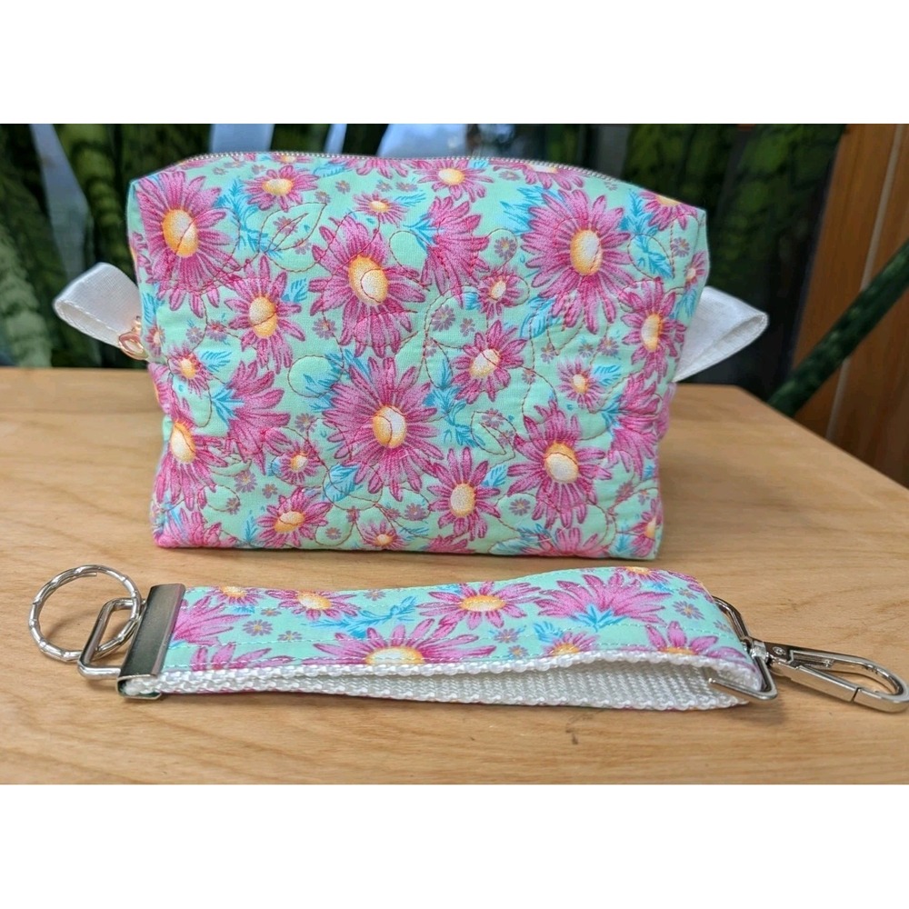 Embroidered‎ MAKEUP Cosmetic Toiletries Mint Green Pink Asters Bag + Key Fob SET